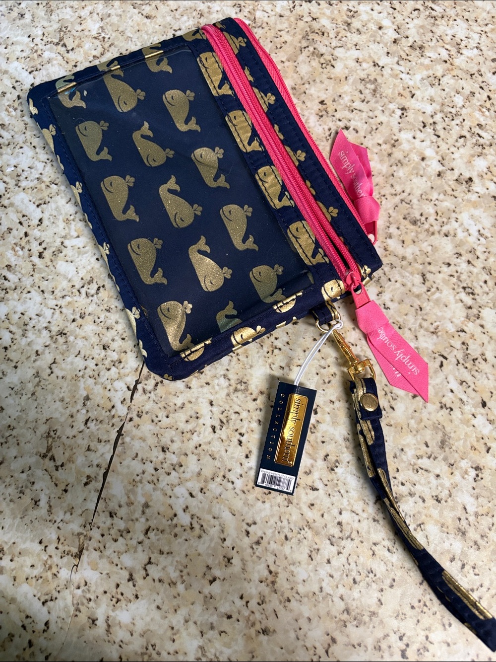 Navy & Gold Whales Wristlet Pouch with Pink Zip - Simply Southern